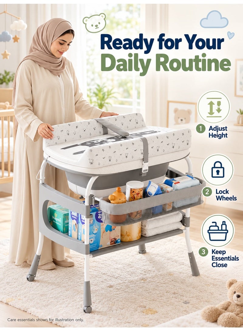WALALLA 2-in-1 Baby Bathtub and Changing Table, Height-Adjustable Diaper Station with Foldable Bath Tub, Waterproof Changing Pad, Temperature Display, Storage Organizers and Lockable Wheels, Grey - Image 4