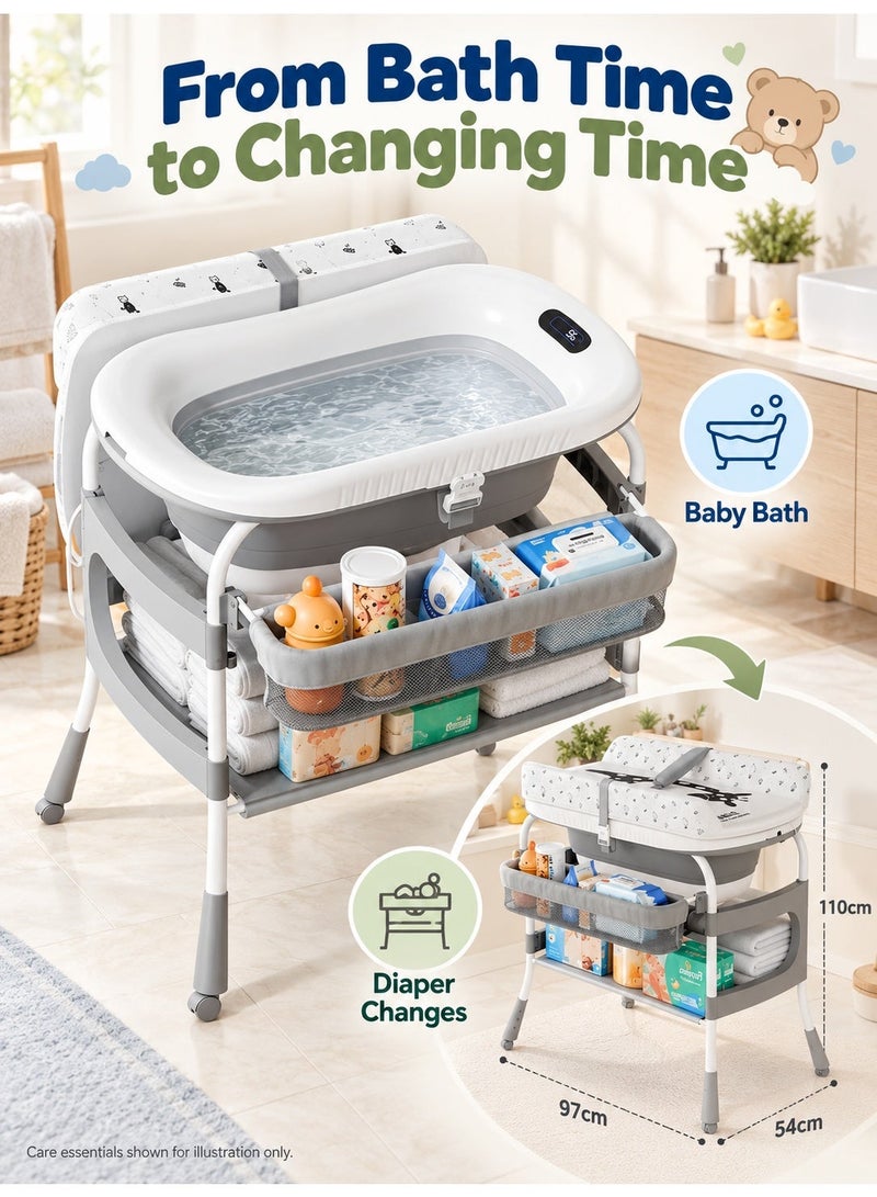 WALALLA 2-in-1 Baby Bathtub and Changing Table, Height-Adjustable Diaper Station with Foldable Bath Tub, Waterproof Changing Pad, Temperature Display, Storage Organizers and Lockable Wheels, Grey - Image 5