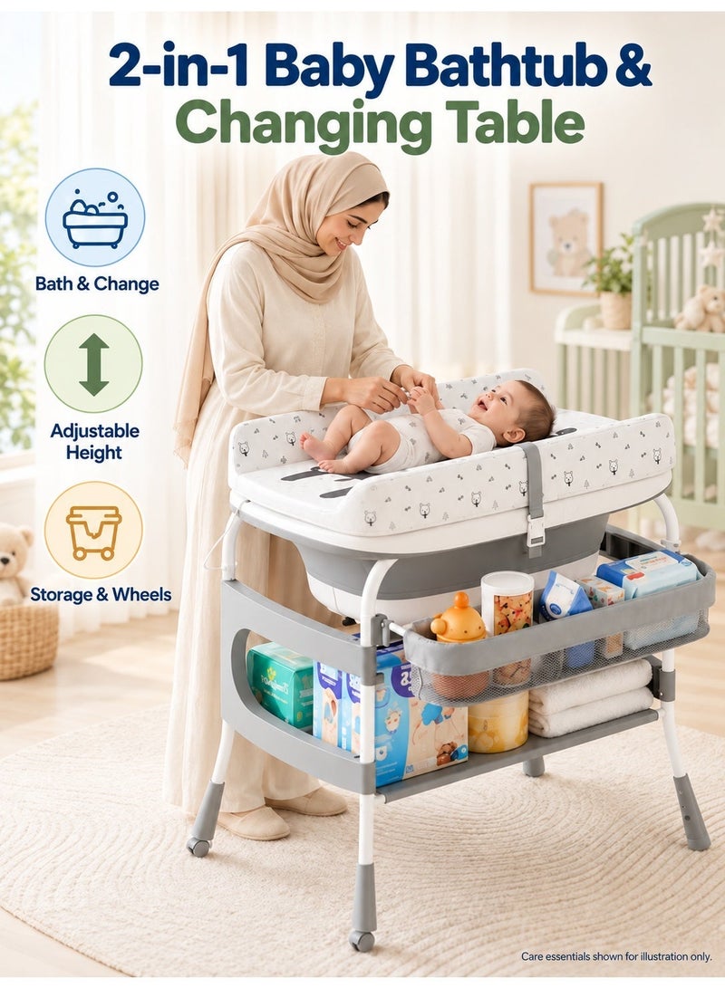 WALALLA 2-in-1 Baby Bathtub and Changing Table, Height-Adjustable Diaper Station with Foldable Bath Tub, Waterproof Changing Pad, Temperature Display, Storage Organizers and Lockable Wheels, Grey - Image 1