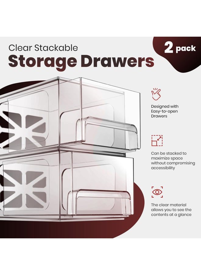 Oizeir Clear Stackable Storage Drawers - 2-PACK - Acrylic Plastic Organizer Drawer for Bathroom Vanity Cabinet, Kitchen Countertop, Small Office Organization. Easily Organize All Cosmetic Makeup Supplies. - Image 3