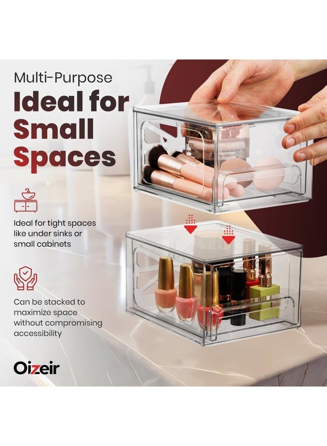 Oizeir Clear Stackable Storage Drawers - 2-PACK - Acrylic Plastic Organizer Drawer for Bathroom Vanity Cabinet, Kitchen Countertop, Small Office Organization. Easily Organize All Cosmetic Makeup Supplies. - Image 4
