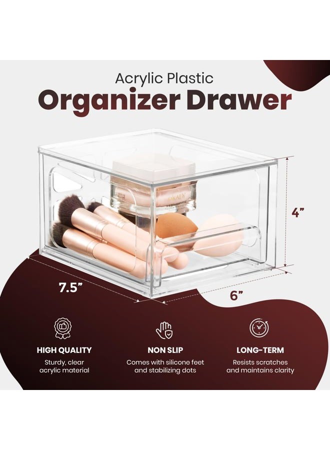 Oizeir Clear Stackable Storage Drawers - 2-PACK - Acrylic Plastic Organizer Drawer for Bathroom Vanity Cabinet, Kitchen Countertop, Small Office Organization. Easily Organize All Cosmetic Makeup Supplies. - Image 2