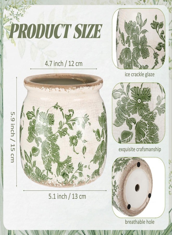 Ninehaoou Vintage Planter Large Ceramic Plants Pot Beige Green Vintage Floral Ice Crack Cottage Scroll Vase Flower Vase Pot Indoor Plants Home Kitchen Decor Farmhouse Antique Decorative Gifts - Image 2