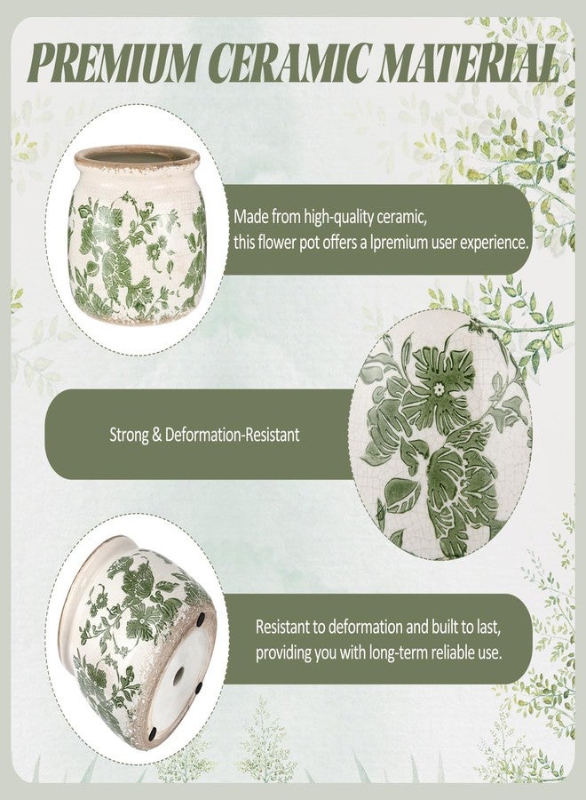 Ninehaoou Vintage Planter Large Ceramic Plants Pot Beige Green Vintage Floral Ice Crack Cottage Scroll Vase Flower Vase Pot Indoor Plants Home Kitchen Decor Farmhouse Antique Decorative Gifts - Image 3