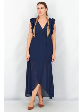Women Solid Ruffle Sleeve Maxi Dress, Navy