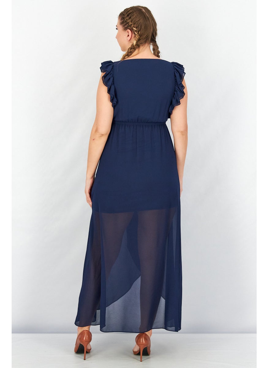 TWINSET - Women Solid Ruffle Sleeve Maxi Dress, Navy - Image 1