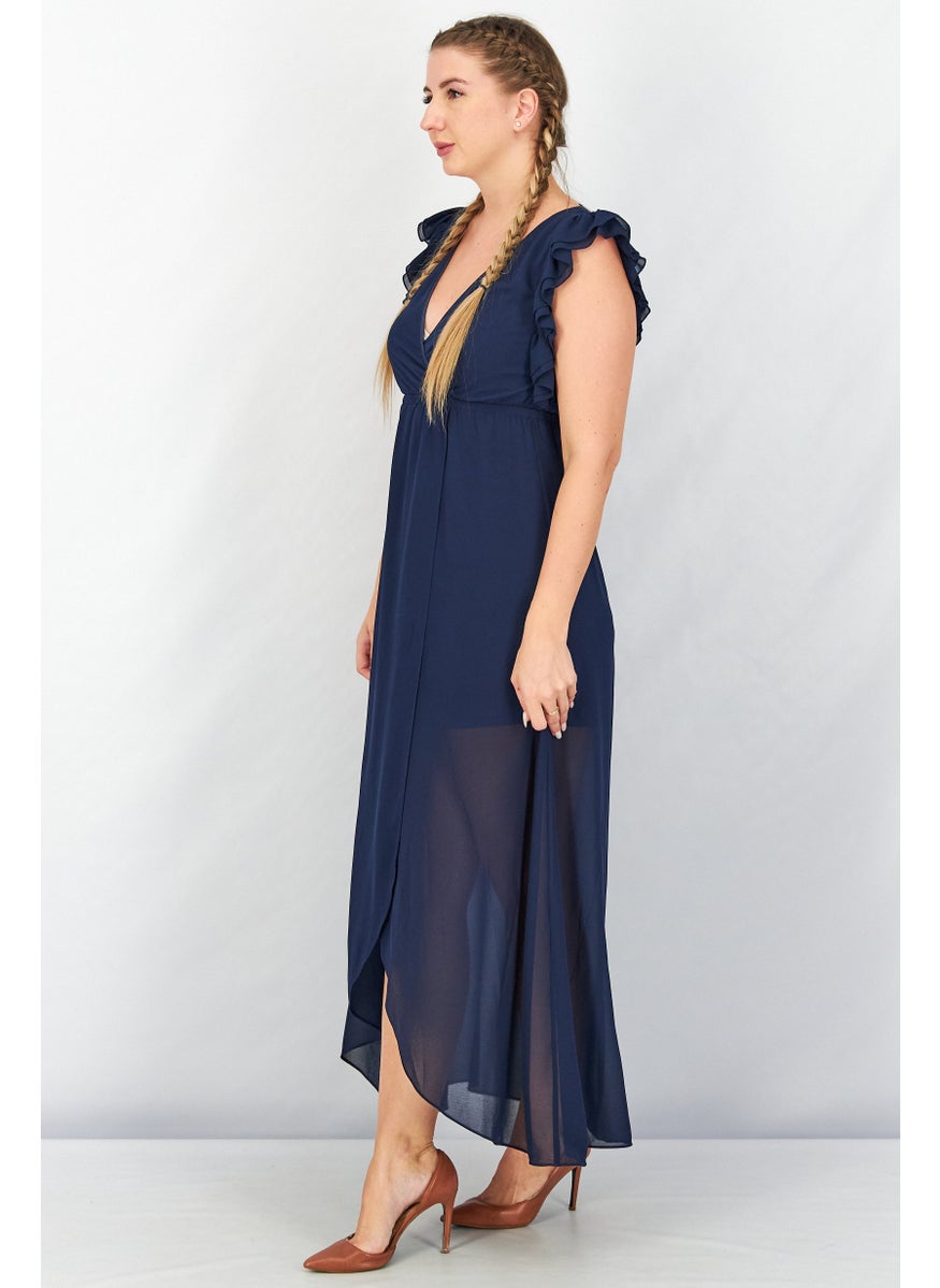 TWINSET - Women Solid Ruffle Sleeve Maxi Dress, Navy - Image 1