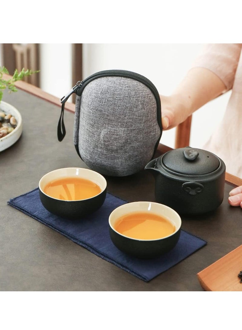 Squalo Travel Tea Set, Porcelain Teapot and Teacups for 2 with Travel Bag (Black) - Image 1