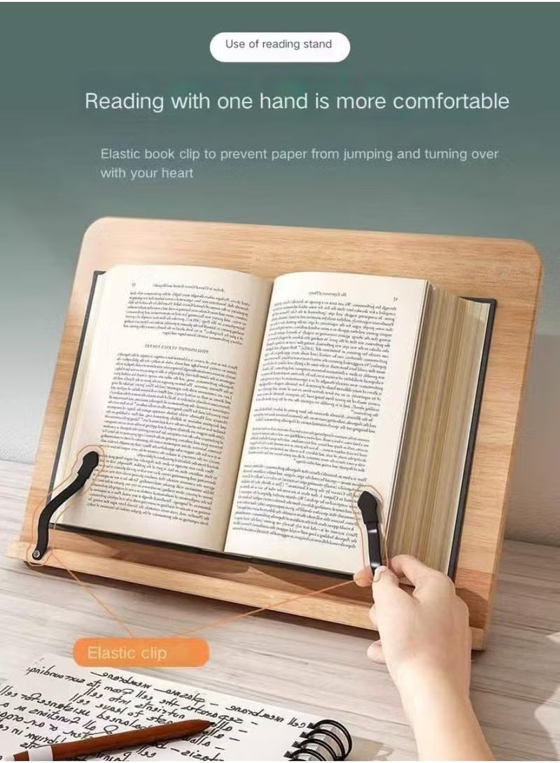 Adjustable Wooden Book Stand, Hands-Free Reading Rest with Page Clips, Multi-Purpose Cookbook Holder, Recipe Book Stand, Desktop Textbook & Sheet Music Stand, Foldable Bookstand for Kitchen, Office & Home, Tablet & Book Holder for Reading, Large Reading Rack for Cookbooks, Magazines, Tablets & Textbooks - Image 3