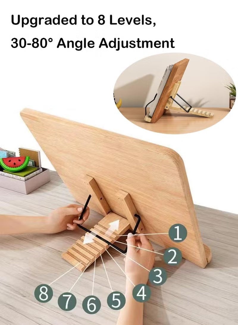 Adjustable Wooden Book Stand, Hands-Free Reading Rest with Page Clips, Multi-Purpose Cookbook Holder, Recipe Book Stand, Desktop Textbook & Sheet Music Stand, Foldable Bookstand for Kitchen, Office & Home, Tablet & Book Holder for Reading, Large Reading Rack for Cookbooks, Magazines, Tablets & Textbooks - Image 4