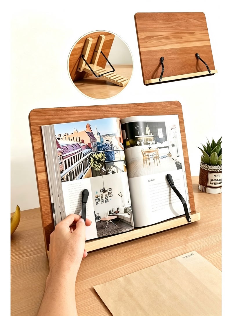 Adjustable Wooden Book Stand, Hands-Free Reading Rest with Page Clips, Multi-Purpose Cookbook Holder, Recipe Book Stand, Desktop Textbook & Sheet Music Stand, Foldable Bookstand for Kitchen, Office & Home, Tablet & Book Holder for Reading, Large Reading Rack for Cookbooks, Magazines, Tablets & Textbooks - Image 1