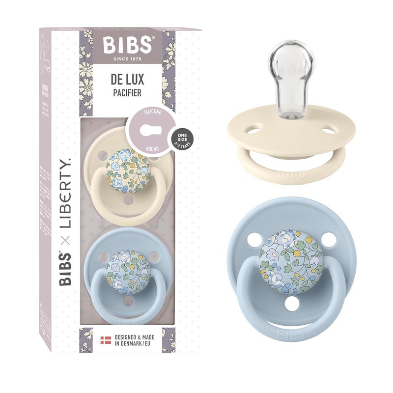 BIBS De Lux Liberty Soother 2Pack BPA Free Dummy Pacifier Round Nipple Silicone Made in Denmark OneSize 036 Months Eloise Baby Blue - Image 1