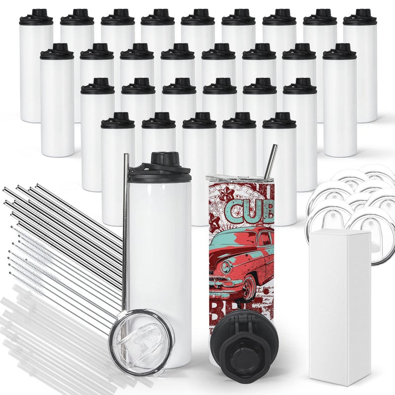 FECBK 30 Pack Sublimation Water Bottle Blanks 20 oz Sublimation Sports Water Bottle with Handle Stainless Steel Sublimation Tumbler Blanks with Lids and Straws Individually Box White DIY Gift