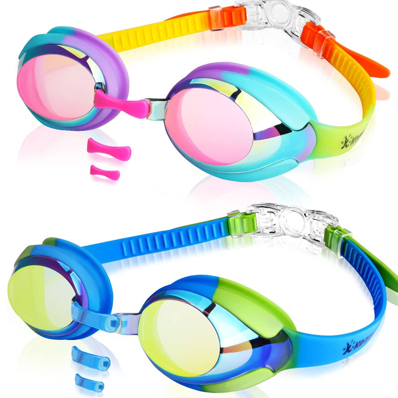 Keary 2 Pack Kids Swim Goggles Swimming Goggles for Toddler Children Girls Boys Youth, Anti-Fog Waterproof UV Protection No Glare Clear Vision Mirrored Flat Lens Water Pool Goggles with 3 Nose Pieces - Image 1