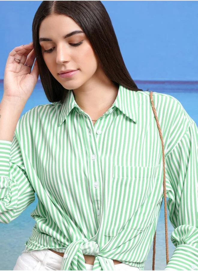 Tokyo Talkies Cutaway Collar Striped Casual Shirt