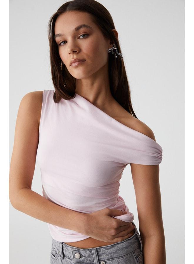 GRIMELANGE STONEAK Women's Asymmetric Collar Slim Surplice Ruffle Detail Pink Blouse. - Image 3