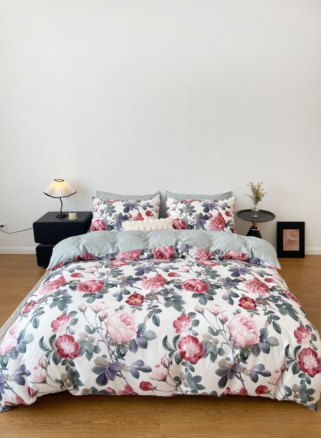 لونا هوم حجم كوين، طقم مفروشات بتصميم وردي مكون من 6 قطع مع نمط زهري وردي ورمادي. - Image 1