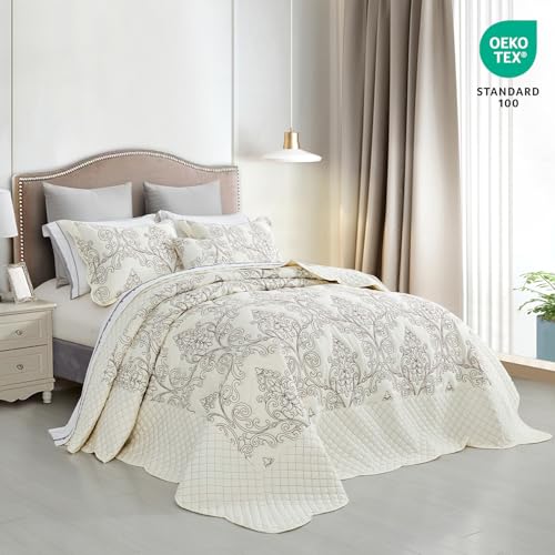 CHIXIN Oversized Bedspread Coverlet Set King Size - Lightweight Bedding Cover - Beautiful Stitching - 5 Piece Reversible Bedspread - Luxury Damask Paisley Pattern (King, Ivory) - Image 2