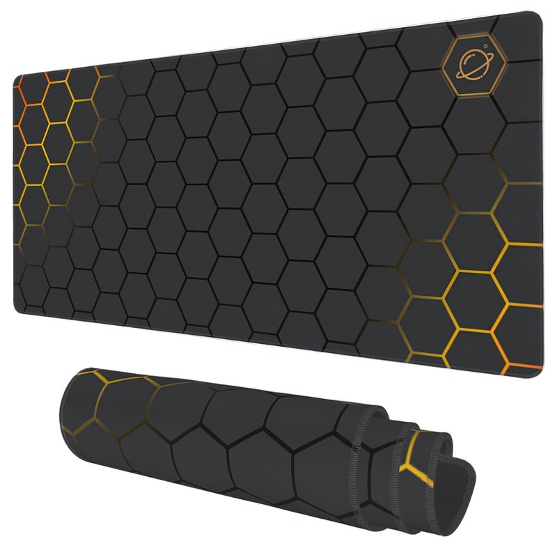 KOAIWPAE Desk Mat, Black Gold Honeycomb Technology Extended Gaming Mouse Pad Large, 35.4"x15.7" Big Mouse Pad with Non-Slip Base and Stitched Edge, Long Computer Keyboard Mouse Mat for Home Office Work - Image 1