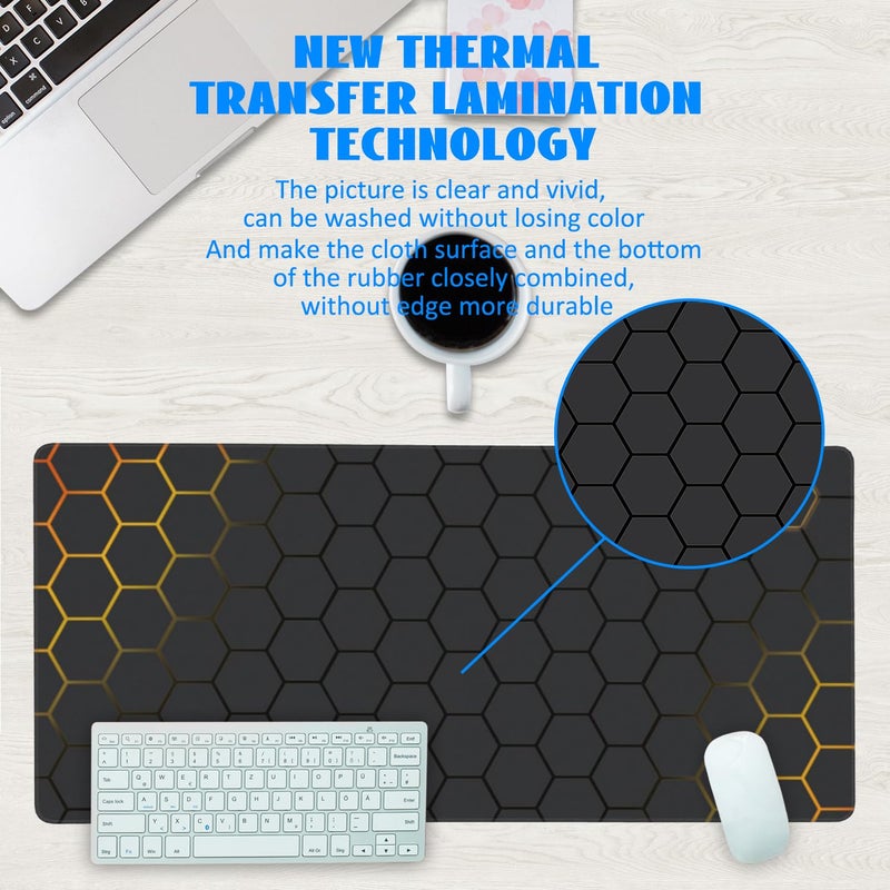KOAIWPAE Desk Mat, Black Gold Honeycomb Technology Extended Gaming Mouse Pad Large, 35.4"x15.7" Big Mouse Pad with Non-Slip Base and Stitched Edge, Long Computer Keyboard Mouse Mat for Home Office Work - Image 3