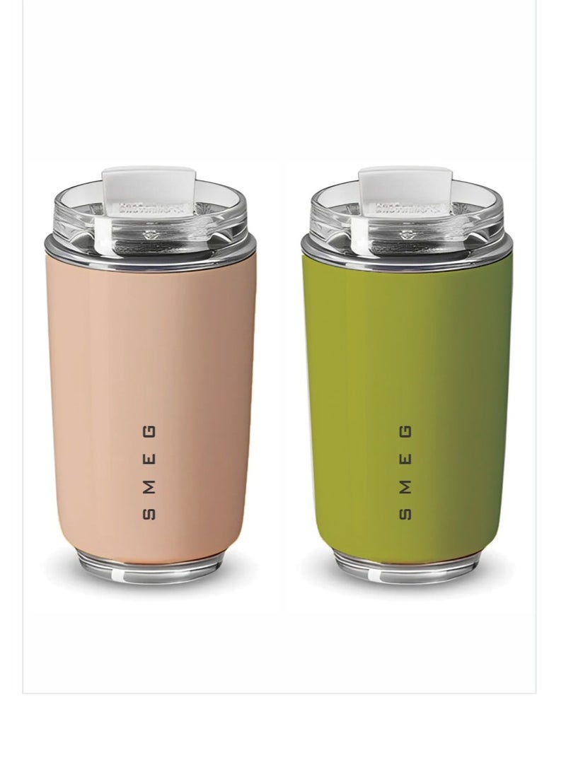 smeg Travel Mug, Insulated Coffee Tumbler, Leak Proof Stainless Steel Thermal Reusable Coffee Cup, Lightweight And Portable Drink Container For Office Traveling, (Pack Of 2pcs, 350ML, Pink And Green) - Image 1