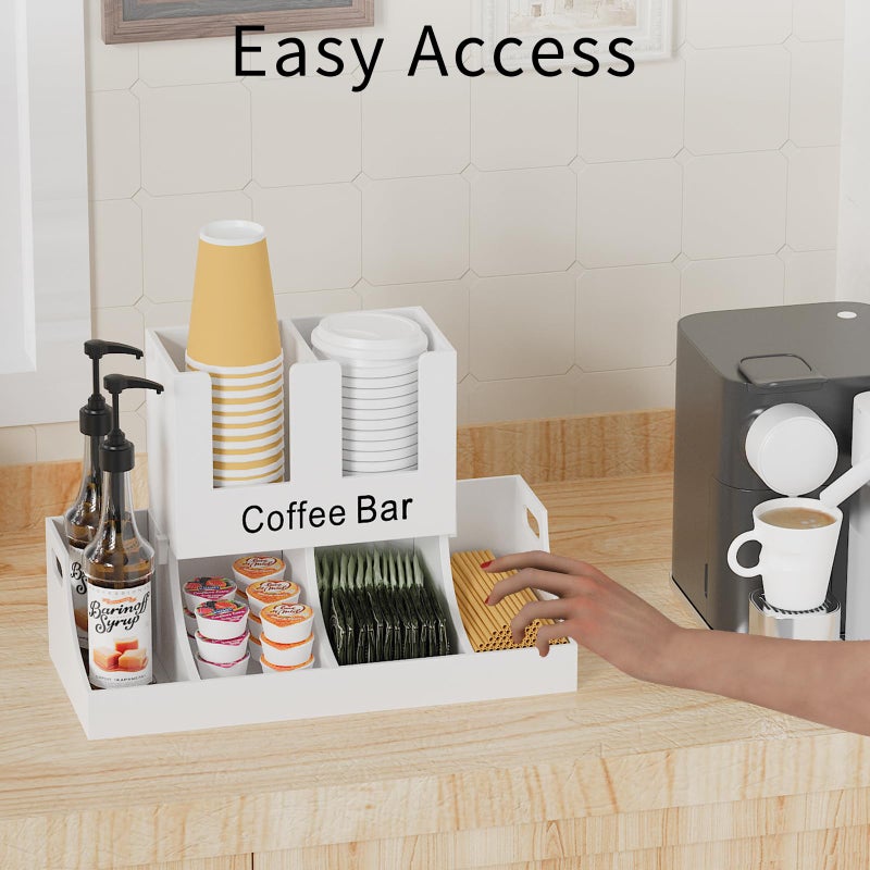 Busidhji Coffee Station Organizer, Wooden Coffee Bar Organizer for Countertop, Condiment and Cup Storage Organizer, Bar Accessories for Kitchen, Office, Home, White - Image 2