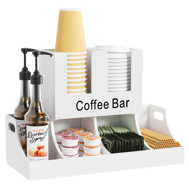 Busidhji Coffee Station Organizer, Wooden Coffee Bar Organizer for Countertop, Condiment and Cup Storage Organizer, Bar Accessories for Kitchen, Office, Home, White - Image 1