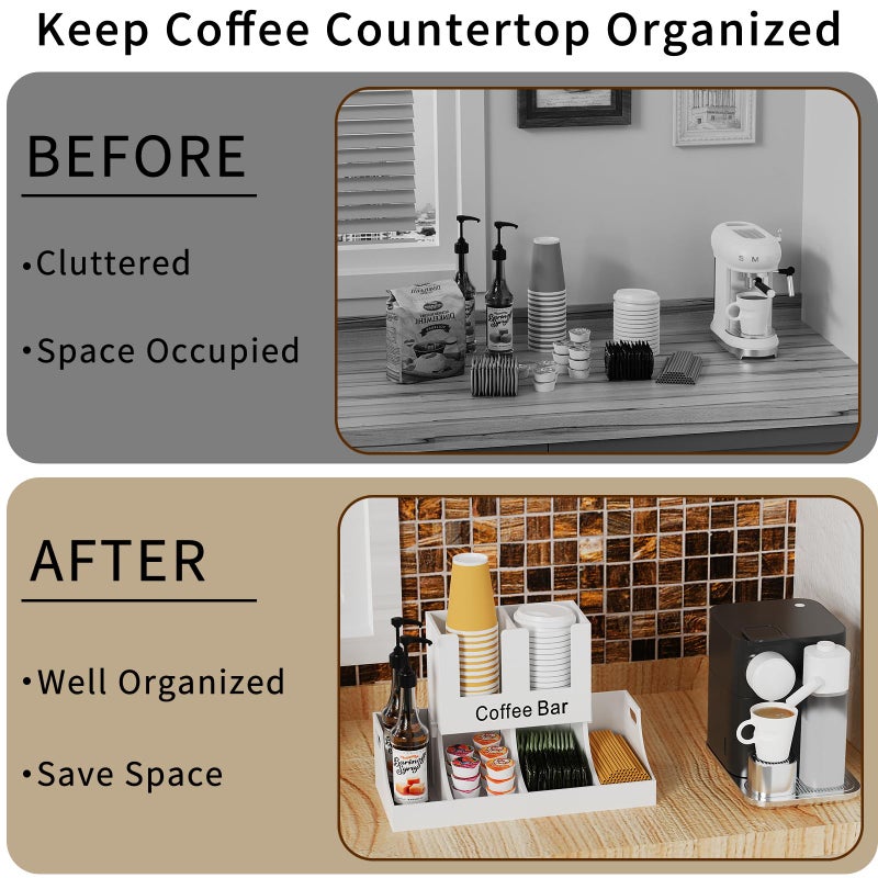 Busidhji Coffee Station Organizer, Wooden Coffee Bar Organizer for Countertop, Condiment and Cup Storage Organizer, Bar Accessories for Kitchen, Office, Home, White - Image 3