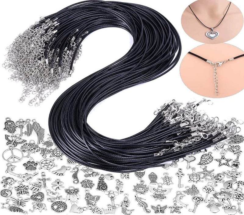 DIY Crafts 4 Pcs, Black With Pendant, Tibetan Pendent + Black Waxed Necklace Cord with Lobster Clasp Bulk for Bracelet Making Necklaces Jewelry (4 Pcs, Black With Pendant) - Image 1