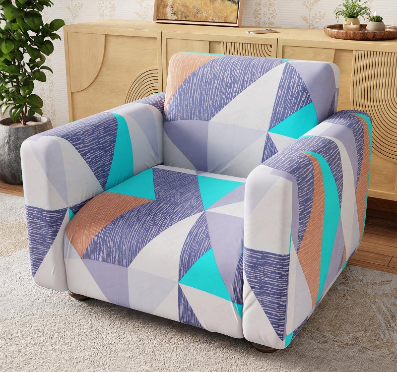 Lukzer 1 Seater Prism Light Blue Universal Sofa Cover | 360° Fully Covered Anti-Slip Washable Couch Cover Protecter | 140 GSM Stretch Fit Polyester + Spandex Slipcover (90-140cm/SC-046-01) - Image 1