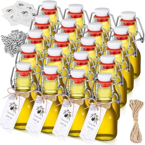 Skybooly 20 Sets Swing Top Glass Bottles with Tags and Twine Rope Airtight Glass Jar for Home Brewing Beverages Oil Homemade Wedding Baby Shower Party Favors Holiday DIY Craft(2oz,Olive) - Image 1