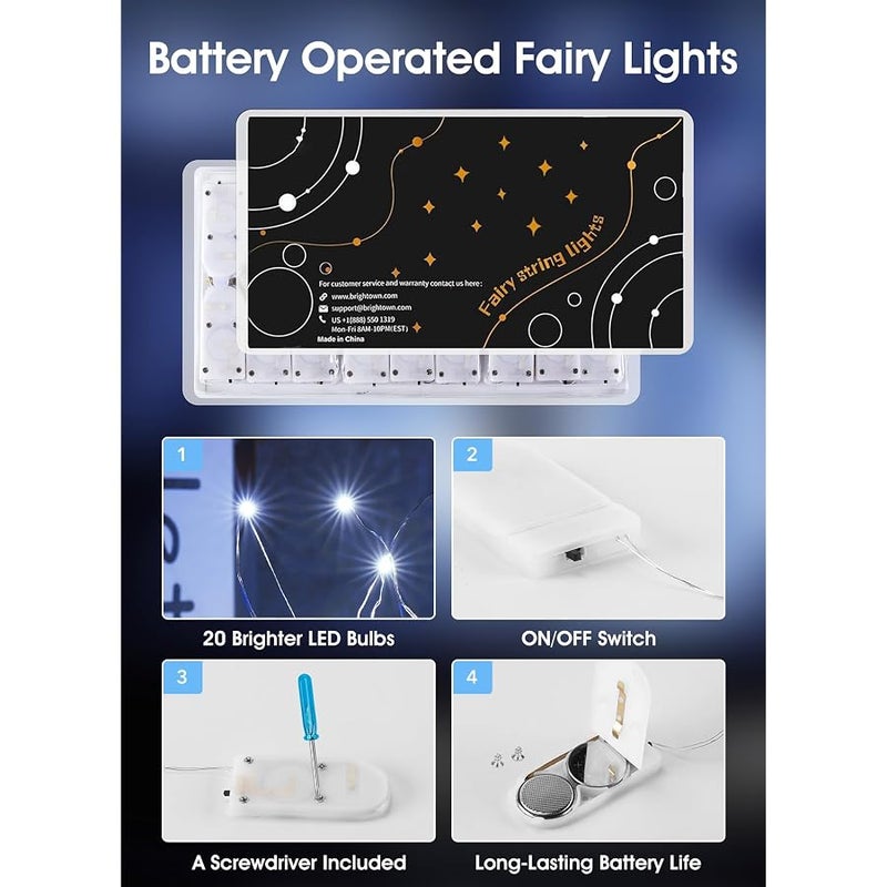 برايتاون برايتون 12 عبوة من 12 مصباح LED يعمل بالبطارية سلك فضي مقاوم للماء بطول 7 قدم 20 مصباح LED على شكل يراعة ونجوم وقمر لتزيين حفلات الزفاف وغرفة النوم والفناء والكريسماس (ابيض) - Image 4