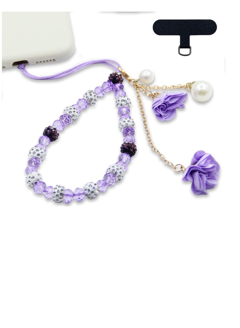 Captaintech Crystal Phone Charm and Flower Phone Chain Beaded Cell Phone Chain Charms Pearl Phone Chain Decoration Non Slip Phone Lanyard  for Phone Key Camera Purple - Image 1