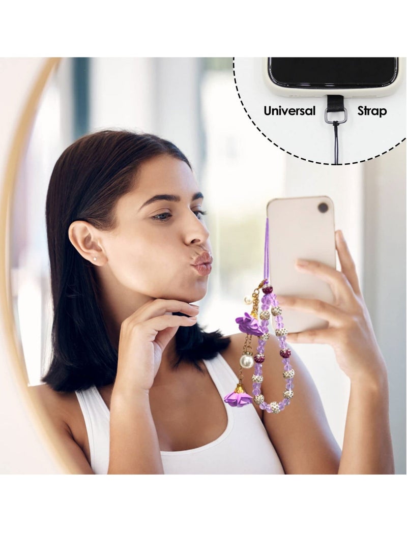 Captaintech Crystal Phone Charm and Flower Phone Chain Beaded Cell Phone Chain Charms Pearl Phone Chain Decoration Non Slip Phone Lanyard  for Phone Key Camera Purple - Image 3