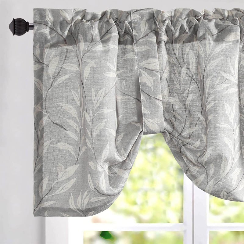 VOGOL Grey Leaves Print Curtain Valance Linen Textured Tie Up Window Shade Rod Pocket Tieup Adjustable Valances for Bathroom 52 x 18 One Piece