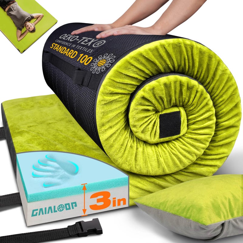 Gaialoop 3 Inch Memory Foam Camping Mattress, Dual Layer Thick Sleeping Camp Pad for Car Tent Cot, Roll-Up Portable Glamping Floor Bed for Guests Sleepover[Twin: 75 * 38 * 3"] - Image 1