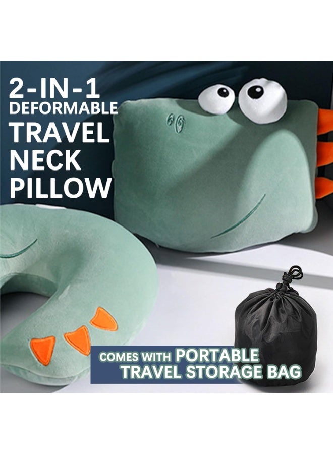 تراسل وسادة رقبة للسفر 2 في 1 قابلة للتشكيل من تراسل - تصميم حيوان رائع للاطفال والرجال والنساء - مسند راس لمقعد السيارة - مثالية والاسترخاء والاستخدام المنزلي ديناصور كحلي كريستال فيلفيت - Image 2