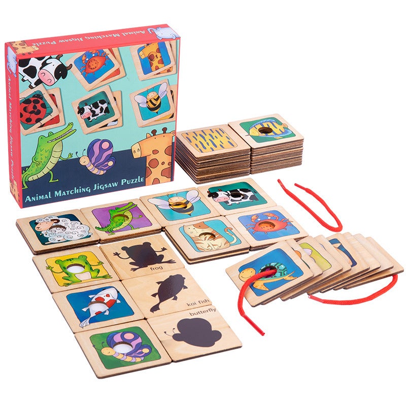 Children'S Wooden Skin Shadow Building Blocks Matching Cartoon Animal Digital Word Puzzle Cognitive Threading Toy - Image 5