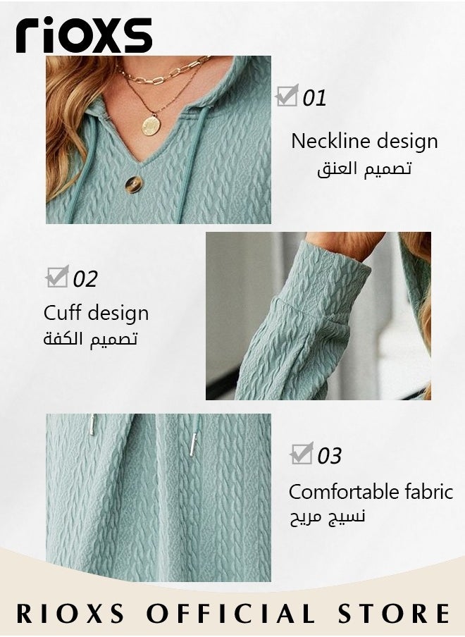 RIOXS Women's Pullover Sweaters,V-neck Button Hooded Sweater,Causal Long Sleeve Knitted Tops,Solid Color Pullover Tops,Soft Comfortable Tunic Blouses,For Work/ Shopping/Daily Wear  - Image 4