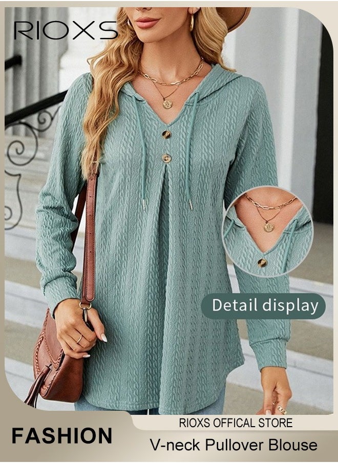 RIOXS Women's Pullover Sweaters,V-neck Button Hooded Sweater,Causal Long Sleeve Knitted Tops,Solid Color Pullover Tops,Soft Comfortable Tunic Blouses,For Work/ Shopping/Daily Wear  - Image 1