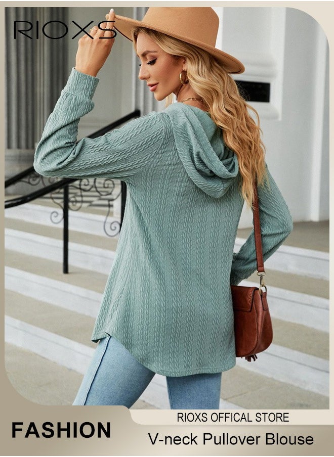 RIOXS Women's Pullover Sweaters,V-neck Button Hooded Sweater,Causal Long Sleeve Knitted Tops,Solid Color Pullover Tops,Soft Comfortable Tunic Blouses,For Work/ Shopping/Daily Wear  - Image 2
