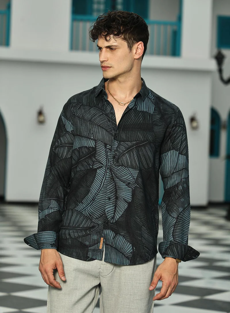 Campus Sutra Men's Viridian Green Foliage-Outline Shirt For Casual Wear | Spread Collar | Long Cuffed Sleeves | Button Closure | Shirt Crafted With Comfort Fit For Everyday Wear