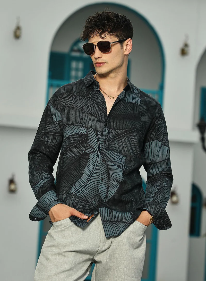 Campus Sutra Men's Viridian Green Foliage-Outline Shirt For Casual Wear | Spread Collar | Long Cuffed Sleeves | Button Closure | Shirt Crafted With Comfort Fit For Everyday Wear