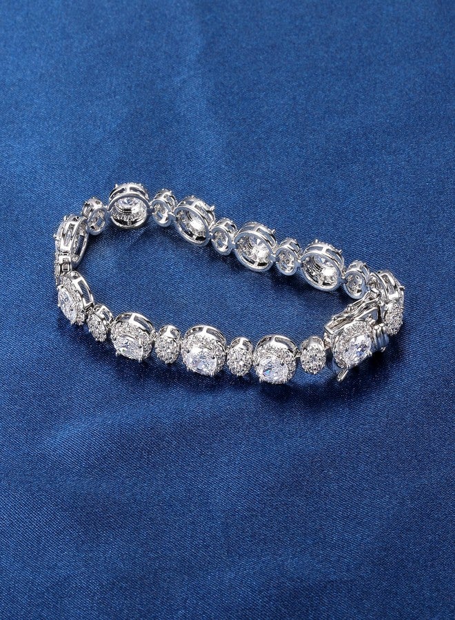 MDFUN Halo Tennis Bracelet for Women 18K White Gold Round and Oval Cubic Zirconias, Size 6.5 inches - Image 2