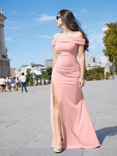 LAGSHIAN Women's Elegant Bodycon Off Shoulder Sleeveless High Split Ruched Long Formal Evening Dress Pink - Image 3