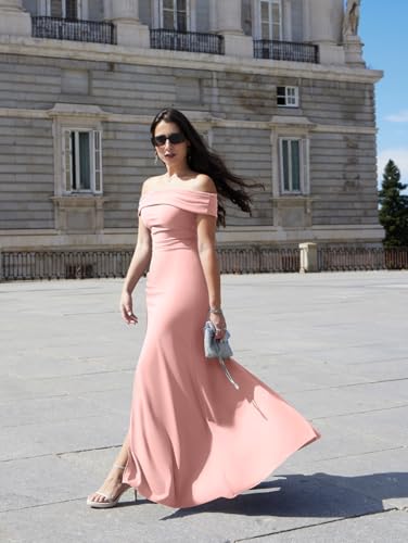 LAGSHIAN Women's Elegant Bodycon Off Shoulder Sleeveless High Split Ruched Long Formal Evening Dress Pink - Image 5