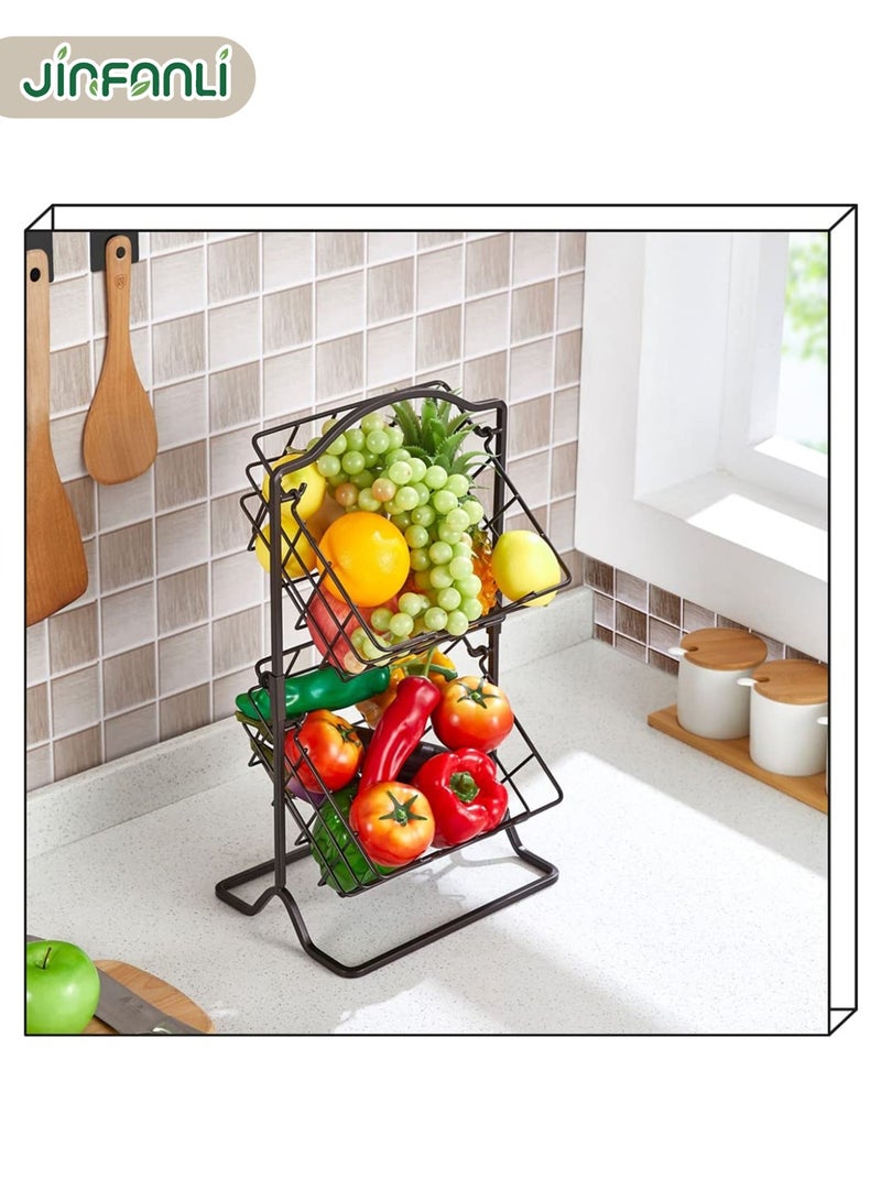 JINFANLI Double Layer Metal Fruit Basket Kitchen Countertop Storage Vegetable Basket Rack, Removable Produce Basket, Multipurpose Wire Basket Hanging Storage Rack, Farmhouse Kitchen Tiered Storage Rack - Image 3