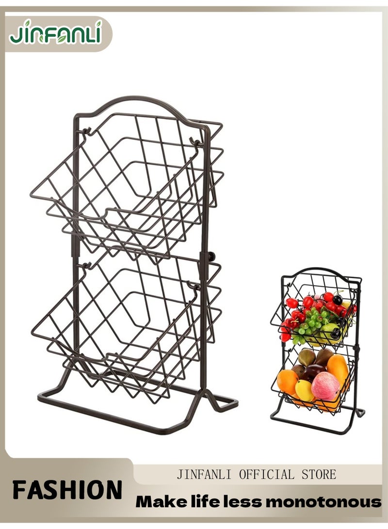 JINFANLI Double Layer Metal Fruit Basket Kitchen Countertop Storage Vegetable Basket Rack, Removable Produce Basket, Multipurpose Wire Basket Hanging Storage Rack, Farmhouse Kitchen Tiered Storage Rack - Image 1