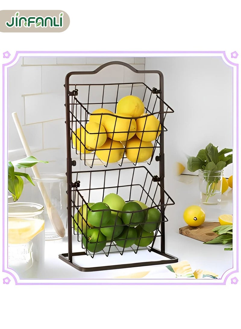 JINFANLI Double Layer Metal Fruit Basket Kitchen Countertop Storage Vegetable Basket Rack, Removable Produce Basket, Multipurpose Wire Basket Hanging Storage Rack, Farmhouse Kitchen Tiered Storage Rack - Image 5