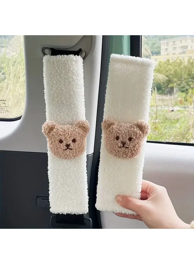 Beige Lamb Fleece Car Seat Belt Shoulder Cover With Little Bear Head Design - Image 1